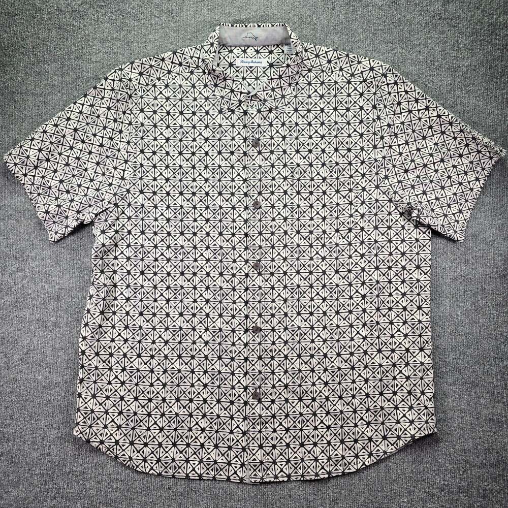 Tommy Bahama Shirt Mens XXL 2XL Gray Geometric Silk Blend Short Sleeve Camp